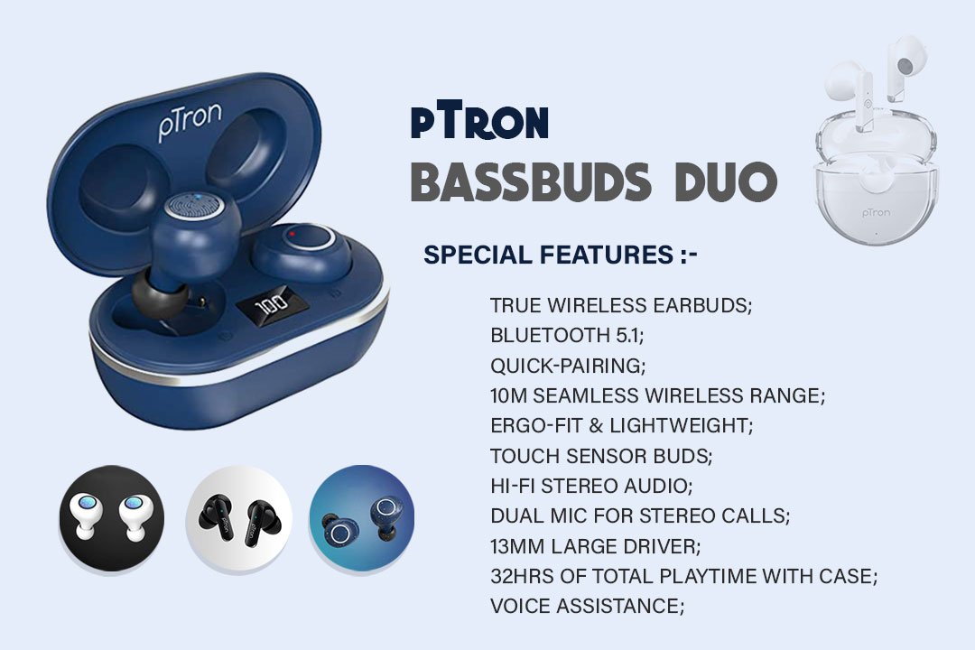 pTron Bassbuds Duo in Ear Earbuds 